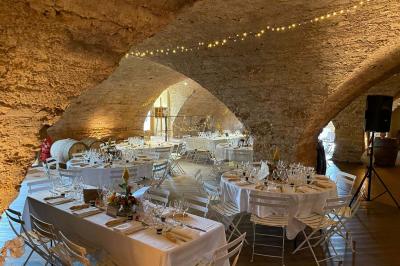 Montgolfière verte posée sur un chemin de terre entouré de végétation sous un ciel nuageux.