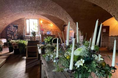 Montgolfière verte posée sur un chemin de terre entouré de végétation sous un ciel nuageux.
