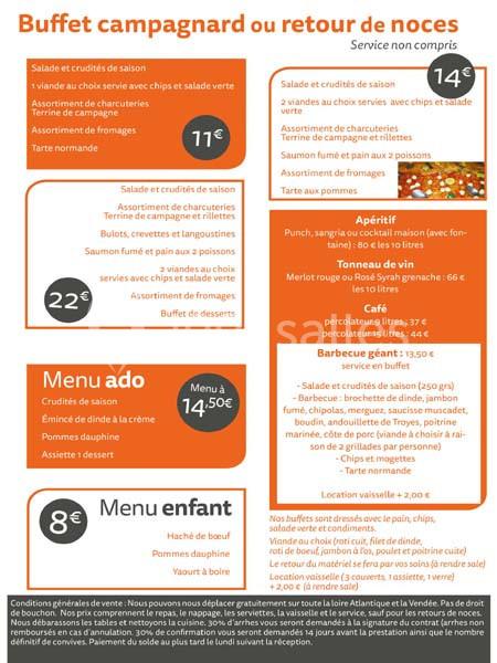 Menu buffet campagnard avec options pour adultes, adolescents et enfants, incluant charcuteries, fromages et desserts.