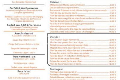 Carte de menu d'un restaurant avec des options d'entrées, plats, desserts, boissons et formules détaillées.
