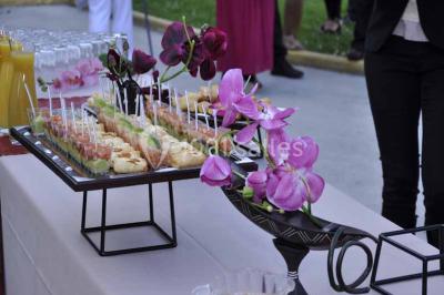 Plateau de verrines colorées garnies de fruits frais comme kiwi, fraise et mangue, tenu par une personne.