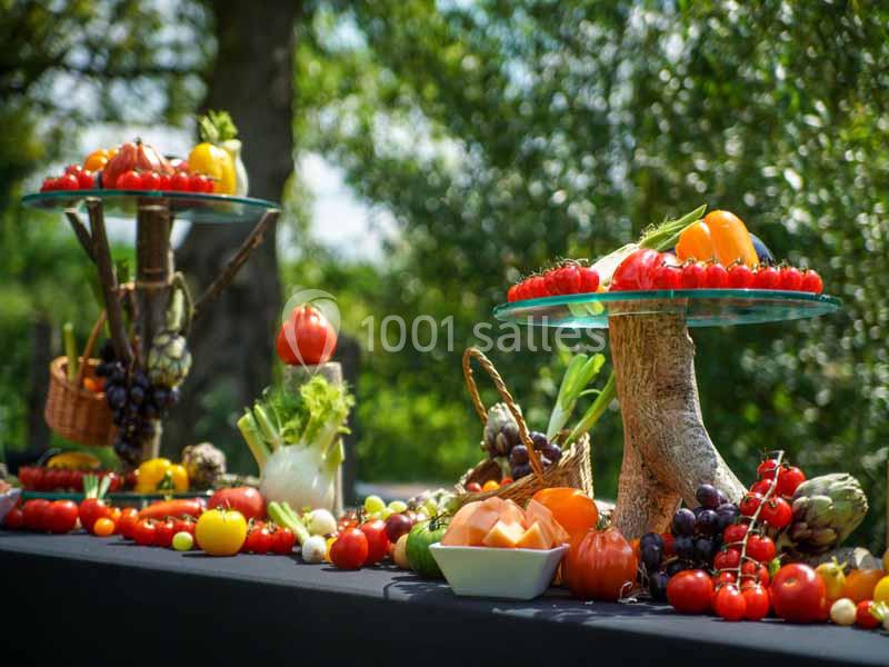 Présentation colorée de fruits et légumes frais disposés sur une table en extérieur, avec un fond naturel verdoyant.