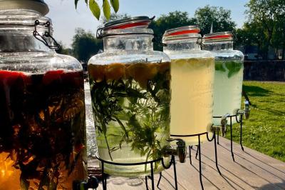 Plateau de bouchées apéritives variées avec charcuterie, légumes, verrines et décorations colorées.