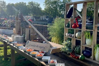 Plateau de bouchées apéritives variées avec charcuterie, légumes, verrines et décorations colorées.