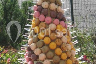Pyramide de macarons colorés surmontée de figurines de mariés, présentée sur une table rouge en extérieur.
