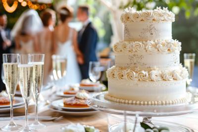Un serveur portant un plateau avec des flûtes de champagne lors d'un événement en extérieur sous des arbres.