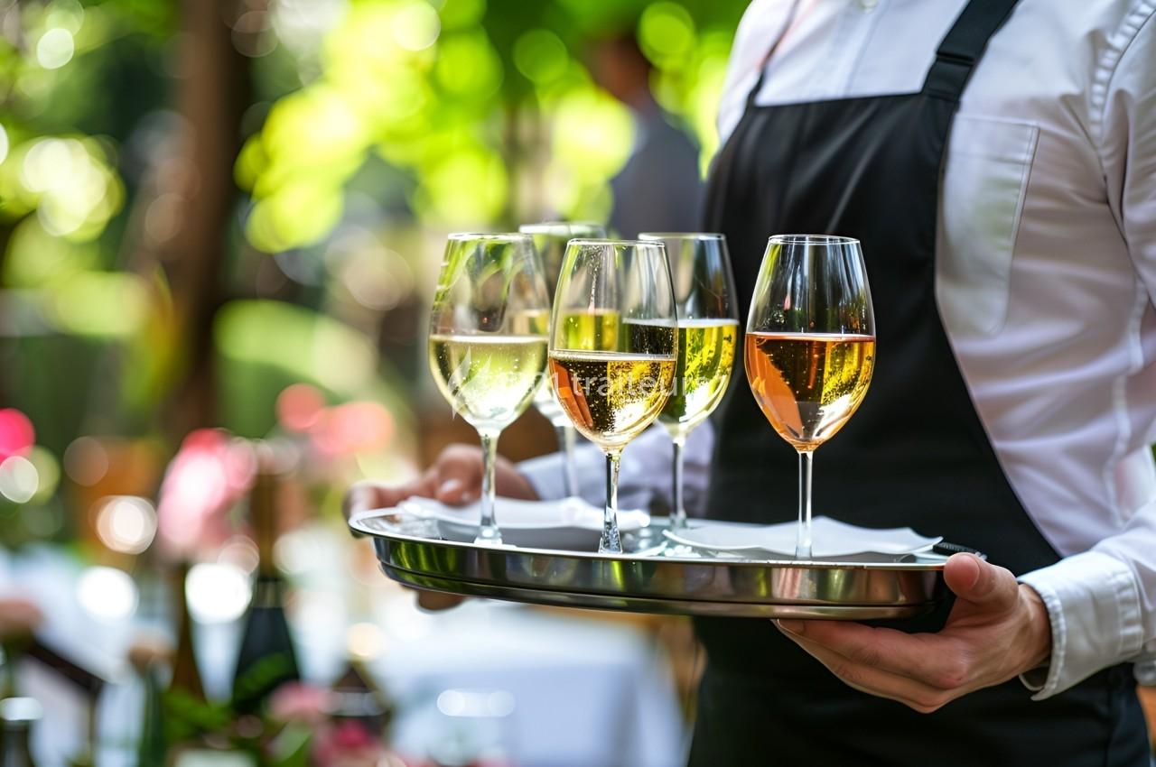 Serveur tenant un plateau avec quatre verres de vin blanc et rosé dans un cadre extérieur lumineux.
