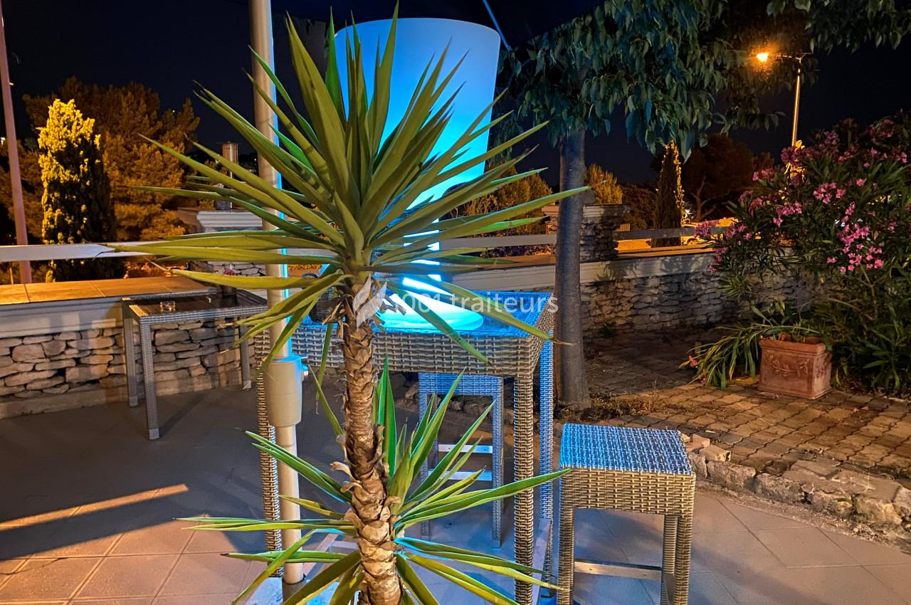 Plante tropicale devant un mobilier en rotin éclairé par une lumière bleue, sur une terrasse de nuit.