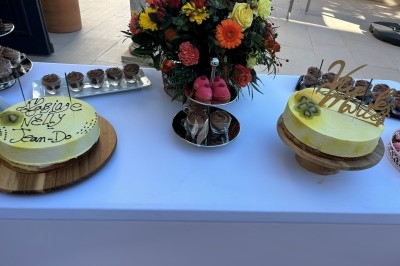 Buffet avec des plateaux d'huîtres, verrines et autres mets disposés sur une longue table dans une salle lumineuse.