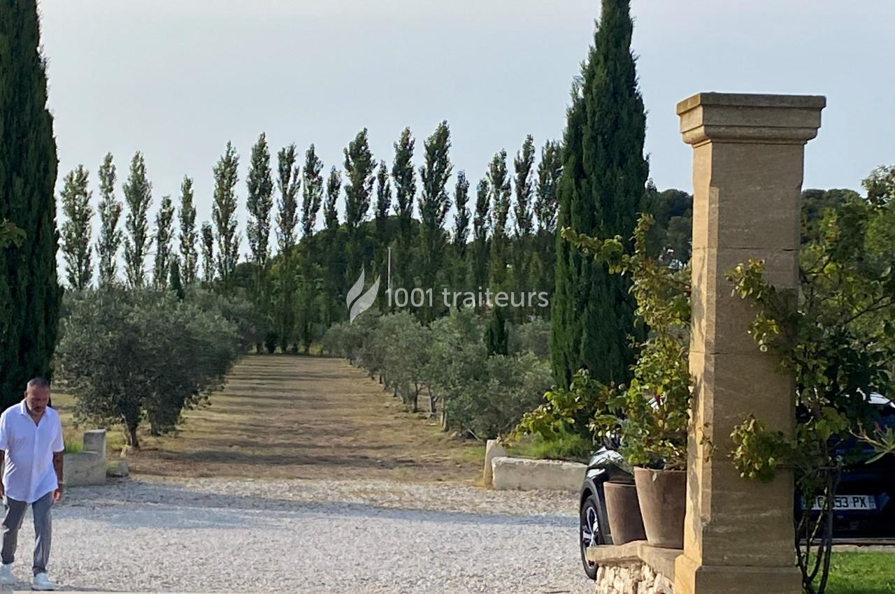 Allée bordée d'arbres et d'oliviers, avec un homme marchant sur un chemin gravillonné près d'un pilier en pierre.