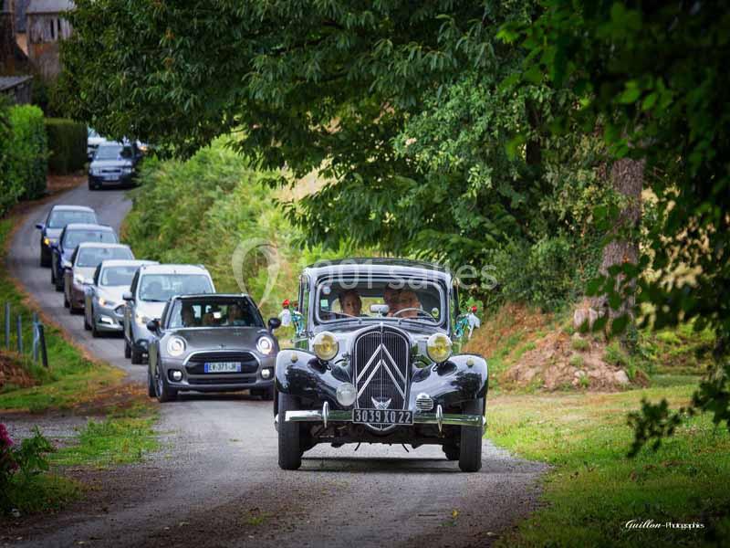 Une voiture ancienne noire suivie par plusieurs véhicules modernes sur un chemin bordé de verdure.