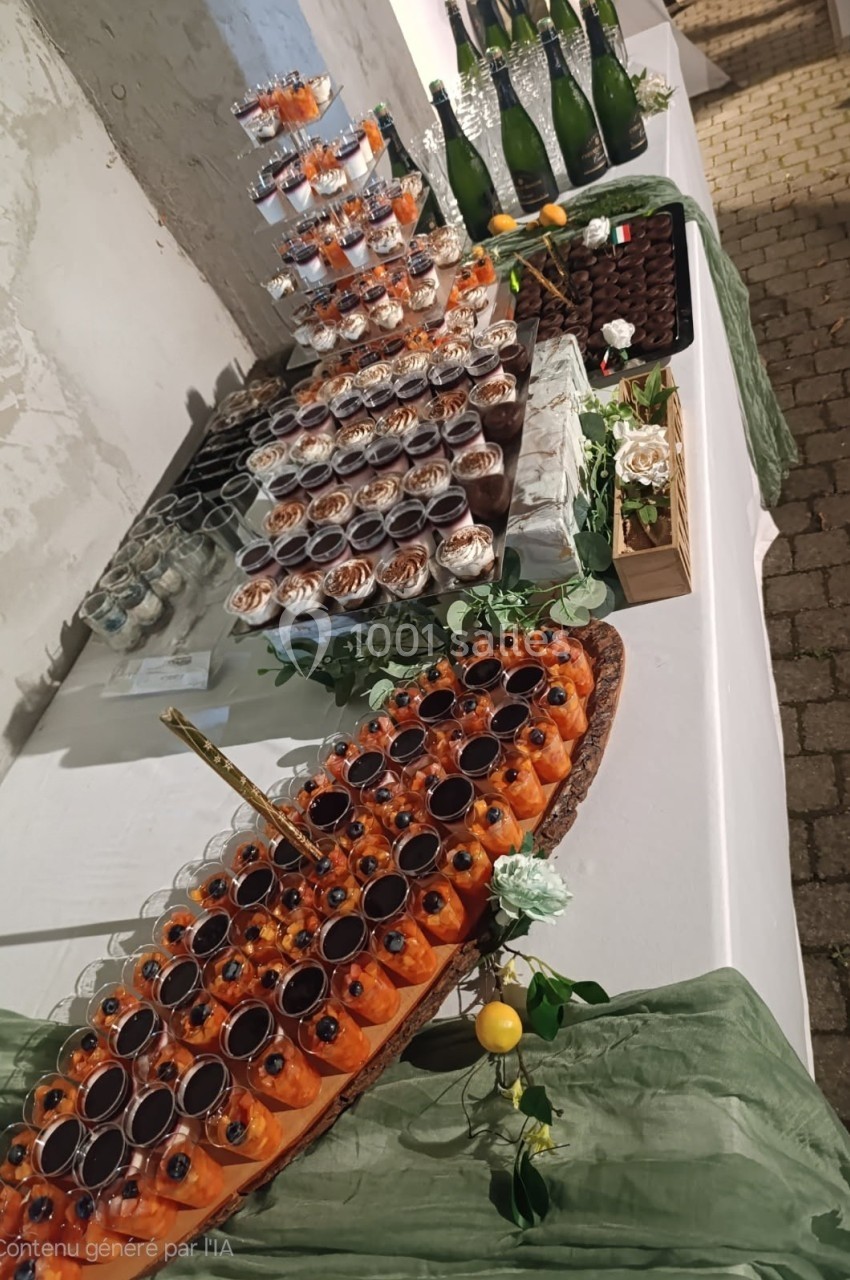 Table de buffet avec verrines sucrées, bouteilles de champagne et décoration végétale sur nappe blanche et verte.