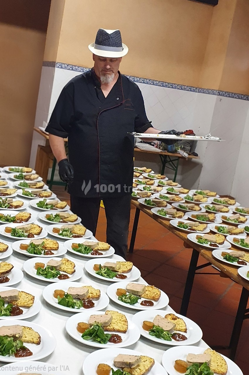 Un chef en tenue noire sert des assiettes dressées avec soin, alignées sur des tables dans une salle de réception.