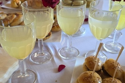 Assiette garnie de riz décoré de radis et tomates cerises, entourée de samoussas, crevettes et œufs de caille.