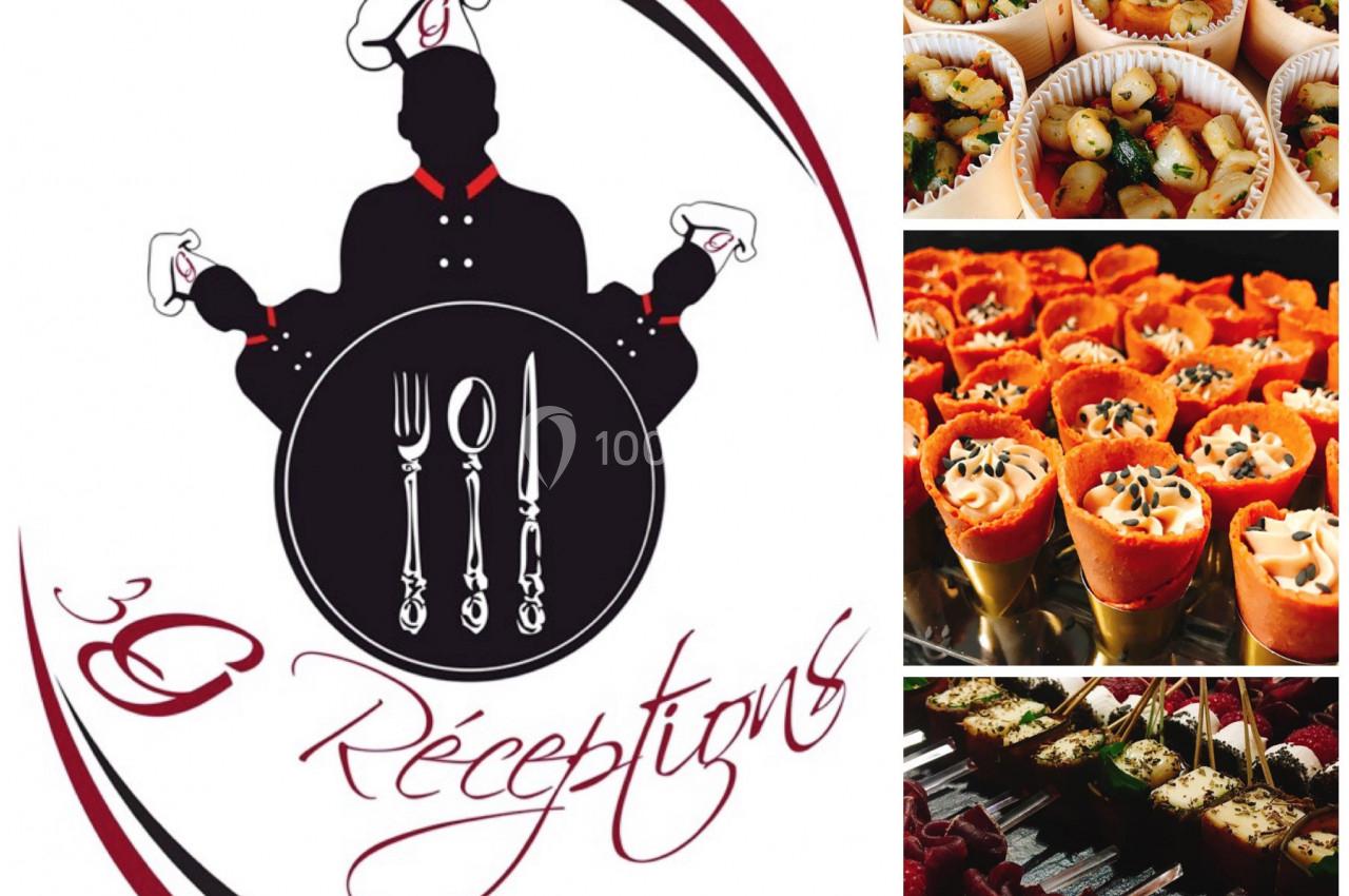 Logo ’3G Réceptions’ avec silhouette de chef et couverts, accompagné de photos de bouchées apéritives variées.