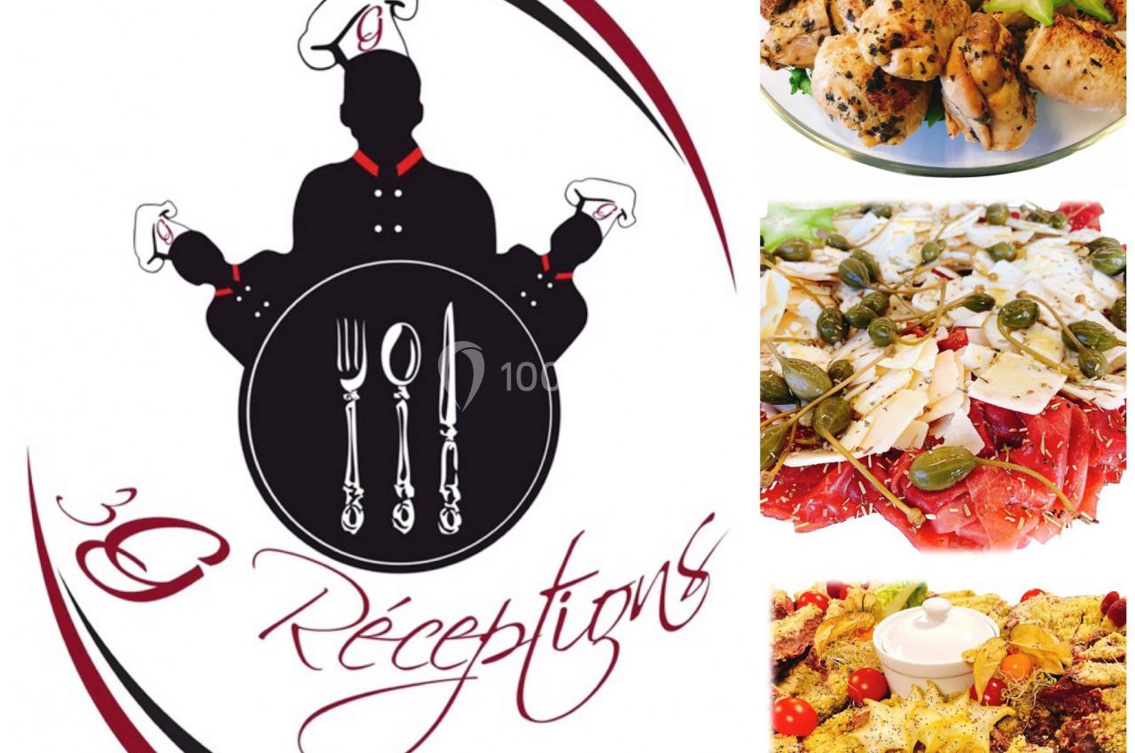 Logo ’3G Réceptions’ avec des illustrations culinaires et photos de plats variés, dont viande grillée et salades garnies.