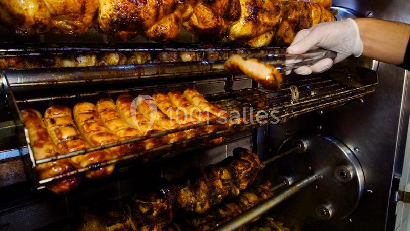 Saucisses et poulets rôtis sur des broches dans un four rotatif, une main gantée manipule une saucisse.