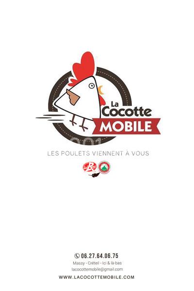 Illustration d'un poulet stylisé avec le texte ’La Cocotte Mobile’ et des informations de contact en bas de l'image.