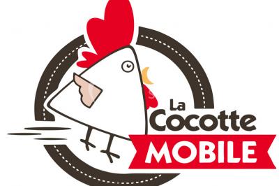 Illustration d'une poule stylisée en mouvement avec le texte ’La Cocotte Mobile’ sur un fond circulaire.