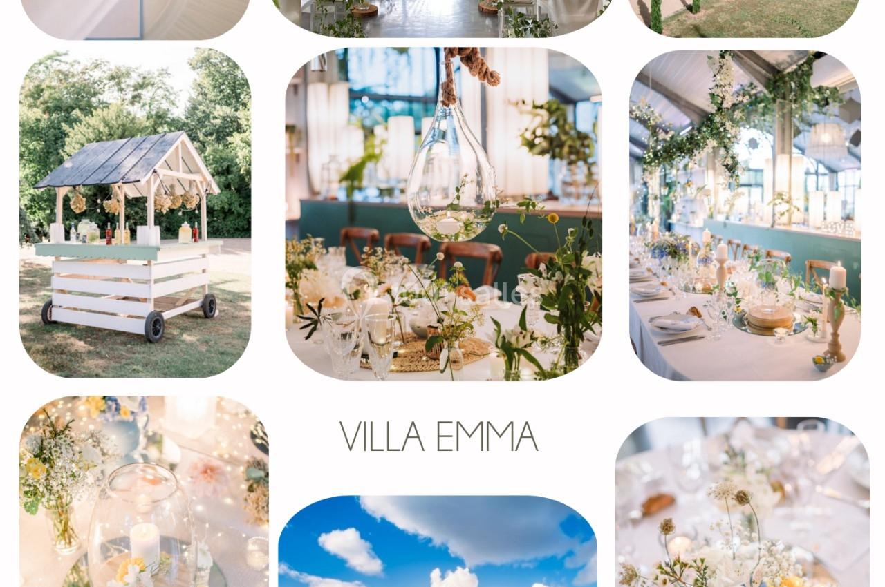 Mosaïque de photos illustrant une décoration de mariage élégante dans un lieu champêtre et lumineux.