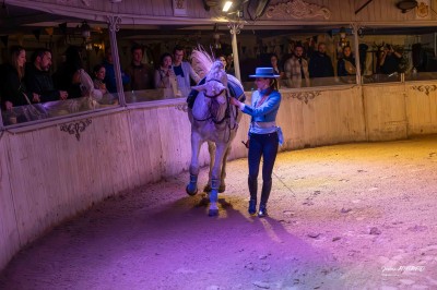 Une cavalière en tenue traditionnelle guide un cheval blanc dans une arène devant un public attentif.