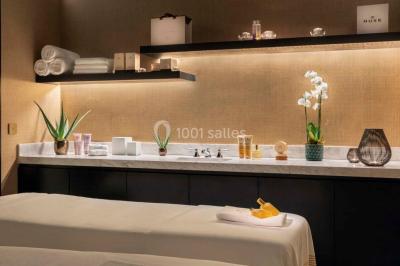 Salle de soins avec table de massage, produits de beauté, serviettes pliées, plantes et éclairage tamisé.