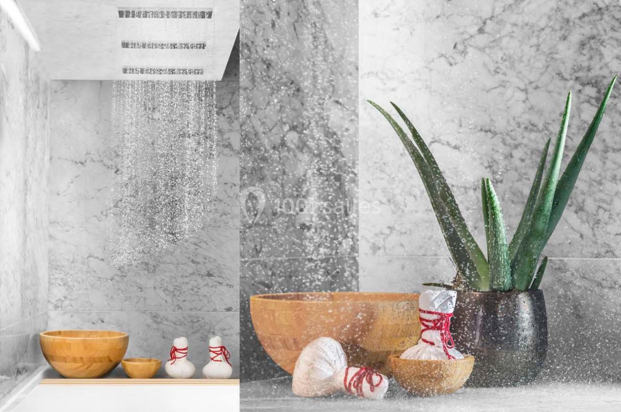 Douche moderne avec mur en marbre, bols en bois, plantes et accessoires de spa disposés sur une surface.