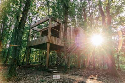 Terrasse en bois avec jacuzzi, deux fauteuils et table, offrant une vue sur un paysage verdoyant.
