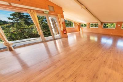 Jardin verdoyant avec des palmiers, des pins et des buissons sous un ciel ensoleillé, décoré de dessins orange.