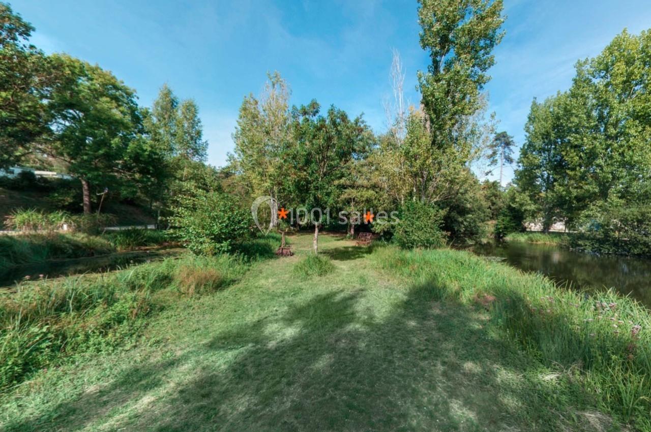 Chemin herbeux bordé d'arbres et de buissons, menant à une zone boisée près d'un plan d'eau.