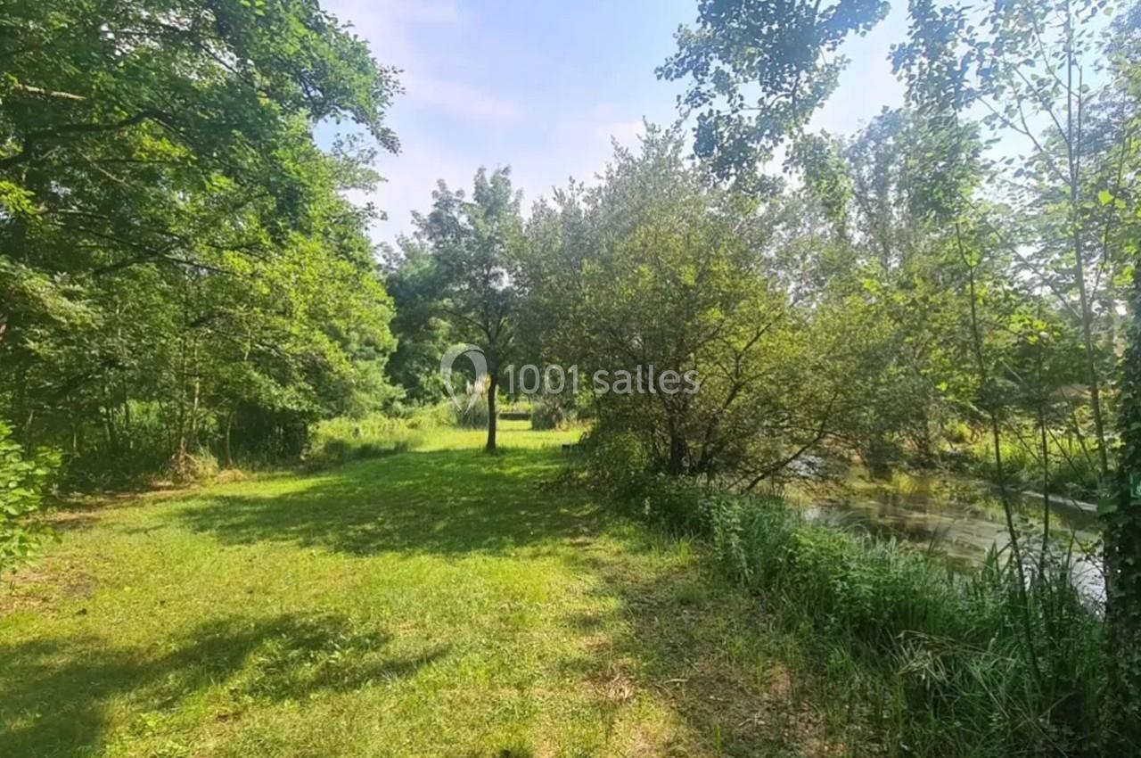 Un espace vert avec des arbres, une pelouse ensoleillée et un cours d'eau bordé de végétation.