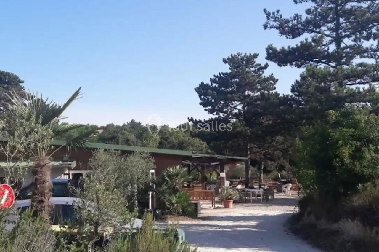 Chemin sablonneux bordé de végétation menant à une terrasse en plein air entourée d'arbres et de plantes.