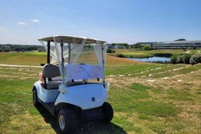 Salle de réception décorée avec des tables dressées, des chaises ornées de nœuds roses et des bouquets de fleurs.