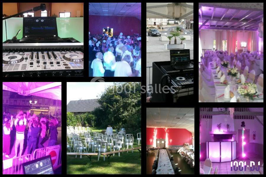 Montage de photos montrant une fête, une salle décorée, un espace extérieur avec chaises et du matériel de DJ.