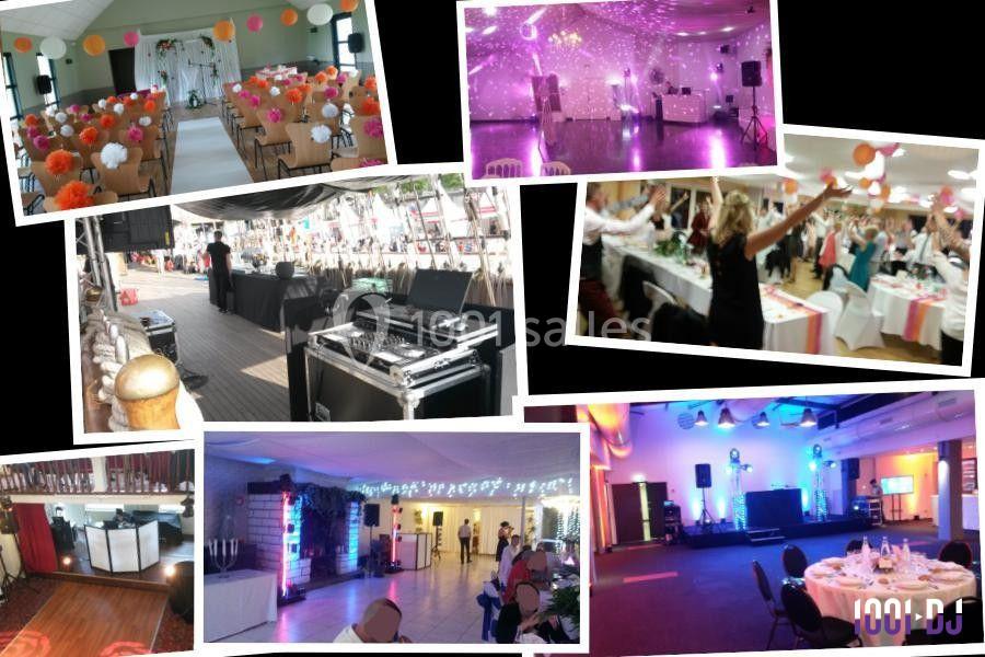 Montage de photos montrant des salles décorées, des équipements de DJ et des invités dansant lors d'événements festifs.