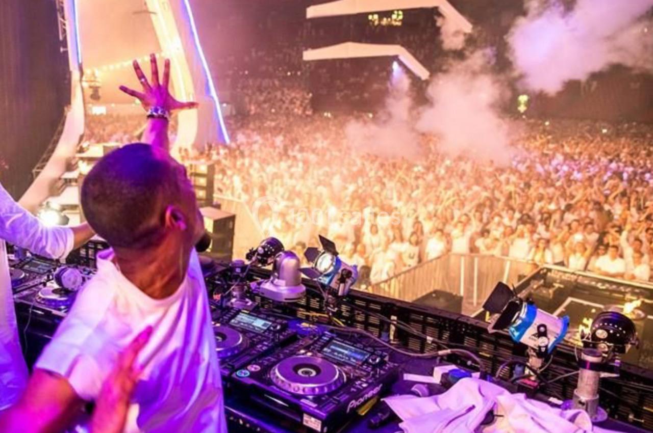 Un DJ anime une foule dense lors d'un concert en plein air, avec des lumières et de la fumée sur scène.