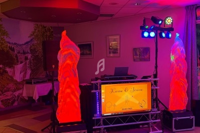 Un DJ souriant anime une soirée dansante dans une salle éclairée par des lumières colorées, avec des invités sur la piste.