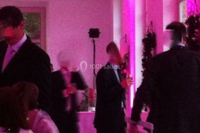 Une femme en robe blanche joue de la harpe dans une salle décorée avec des plantes et des lumières.