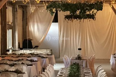Une femme en robe blanche joue de la harpe dans une salle décorée avec des plantes et des lumières.