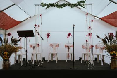 Une femme en robe blanche joue de la harpe dans une salle décorée avec des plantes et des lumières.