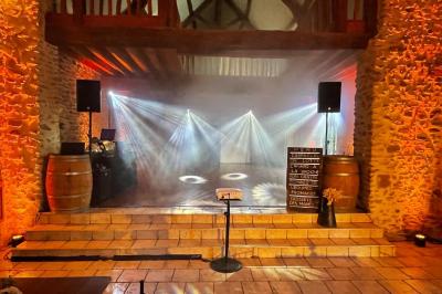 Une femme en robe blanche joue de la harpe dans une salle décorée avec des plantes et des lumières.