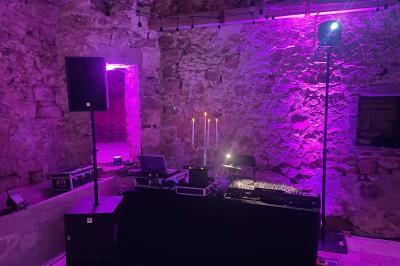 Une femme en robe blanche joue de la harpe dans une salle décorée avec des plantes et des lumières.