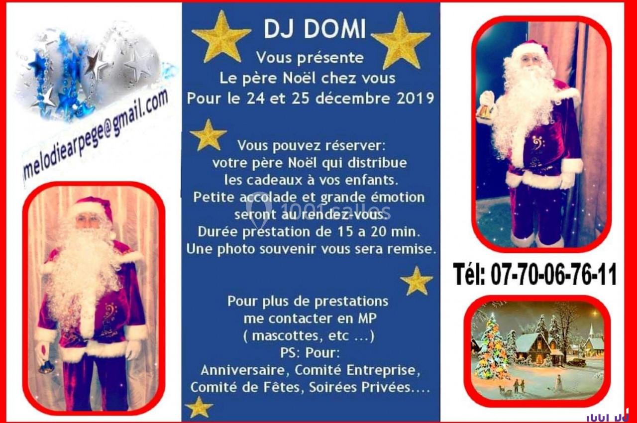 Un homme déguisé en Père Noël, entouré de texte promotionnel pour des prestations festives à domicile.