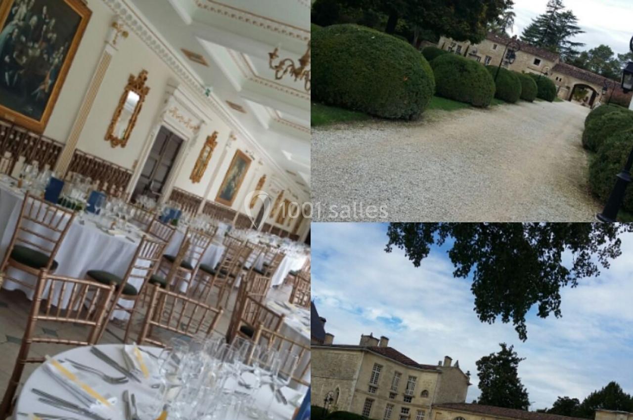 Salle de réception élégante avec tables dressées et vue extérieure sur un domaine avec jardin et bâtiments historiques.