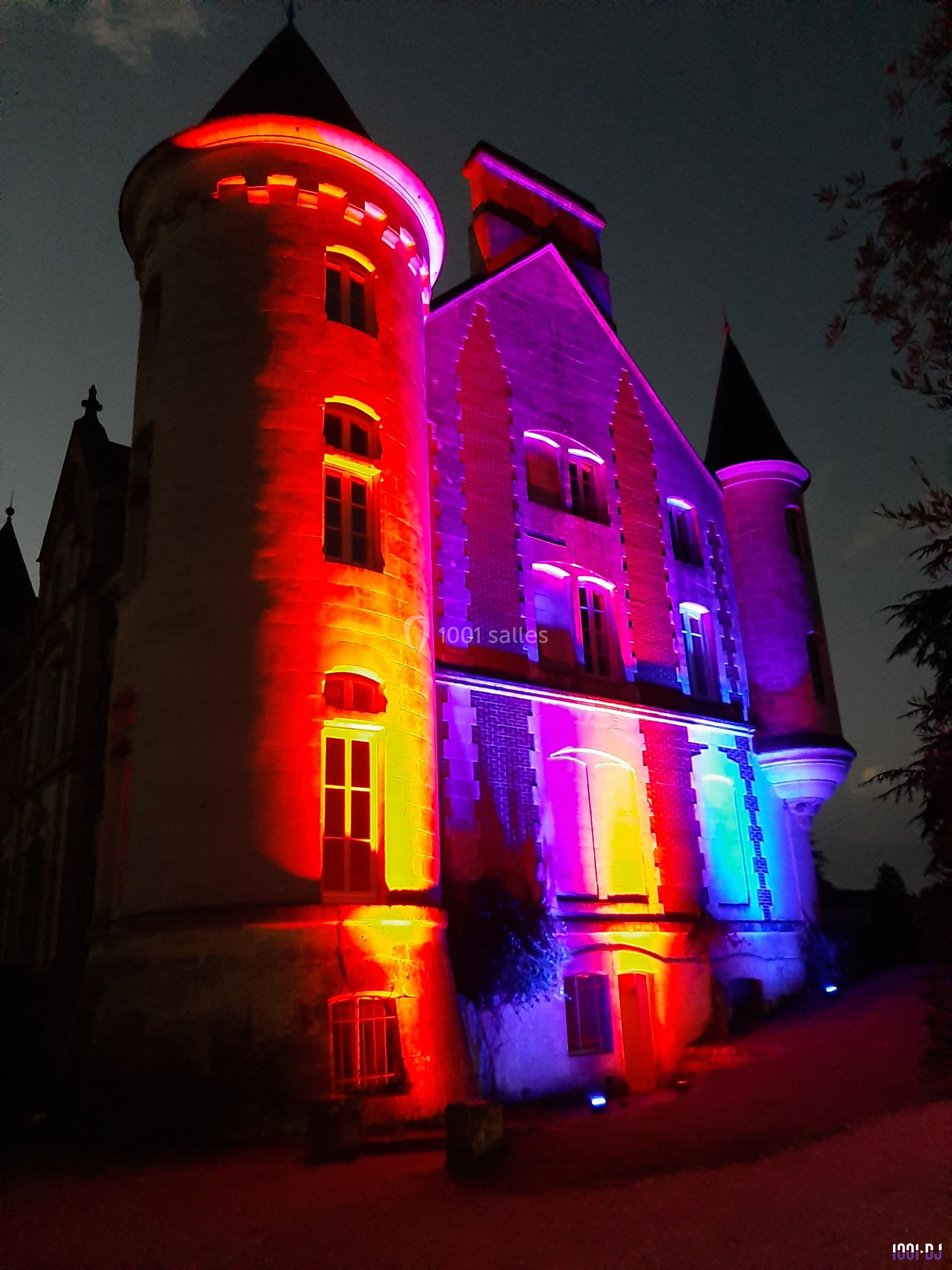 Façade d'un château éclairée par des lumières colorées rouges, bleues et violettes à la tombée de la nuit.