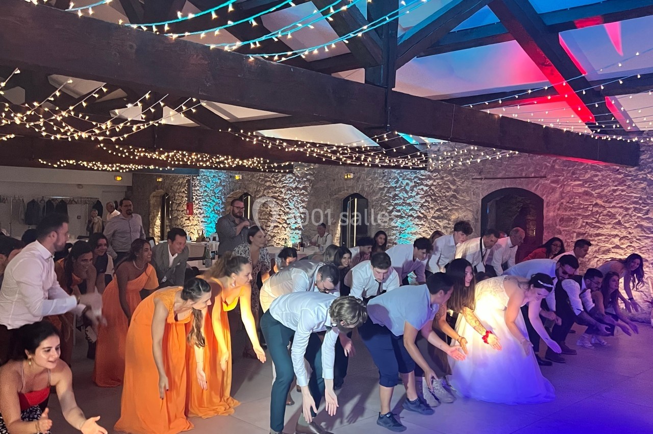 Des invités dansent en groupe sous des guirlandes lumineuses dans une salle en pierre avec poutres apparentes.