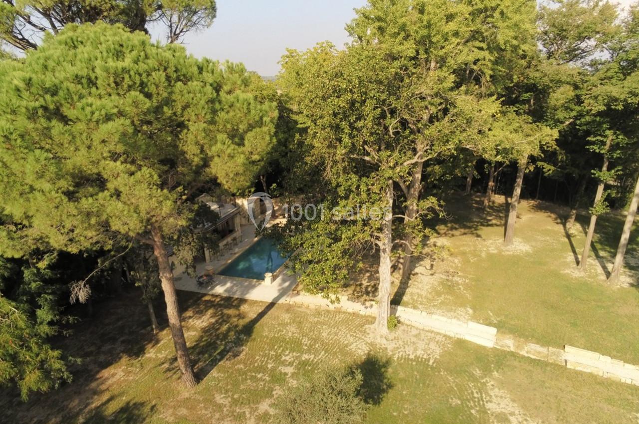 Vue aérienne d'un jardin avec des arbres, une piscine entourée de pierres et une pelouse partiellement ombragée.