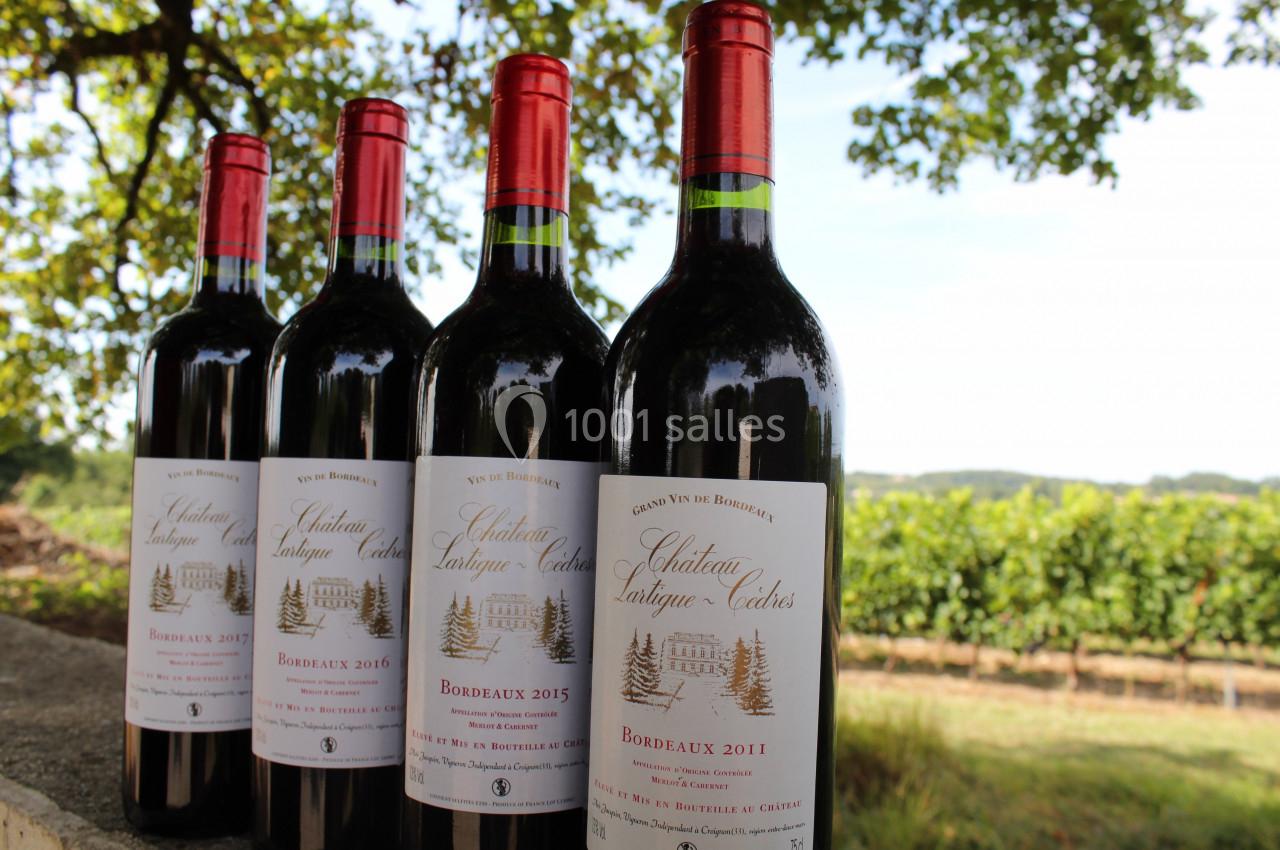 Quatre bouteilles de vin rouge alignées devant un vignoble sous un arbre, étiquetées ’Château Lartigue Cèdres’.