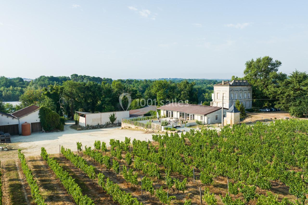 Vue aérienne d'un domaine viticole avec vignes, bâtiments en pierre et paysage verdoyant en arrière-plan.