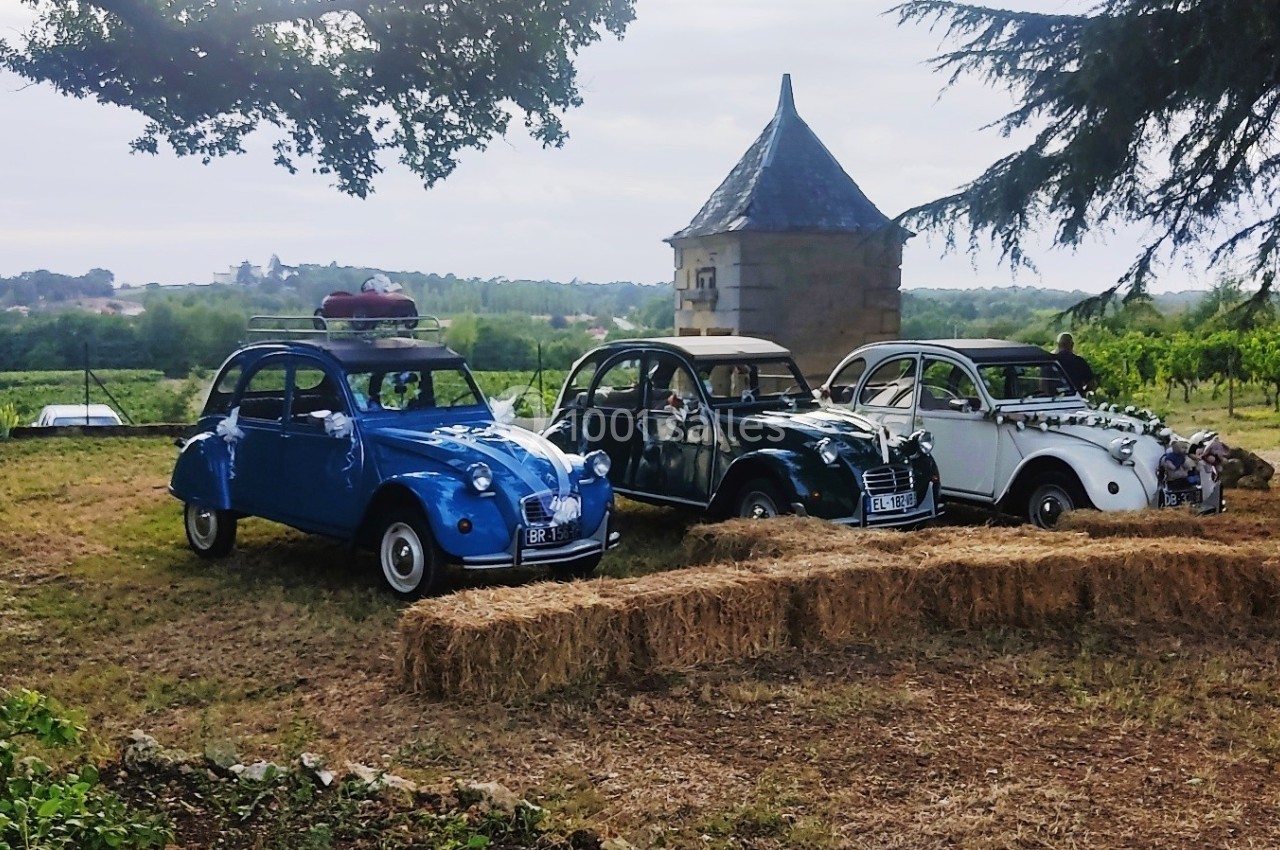 Trois voitures anciennes garées sur un terrain herbeux près de bottes de paille, avec un vignoble et une tour en arrière…